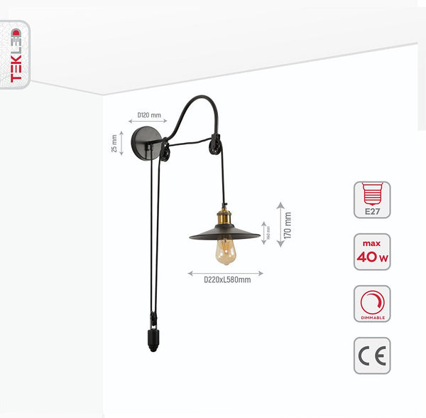 Black Metal Funnel Pulley Wall Light E27 Fitting