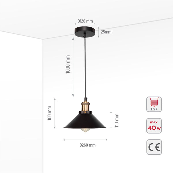 Black Metal Funnel Metal Ceiling Pendant Light E27 Fitting
