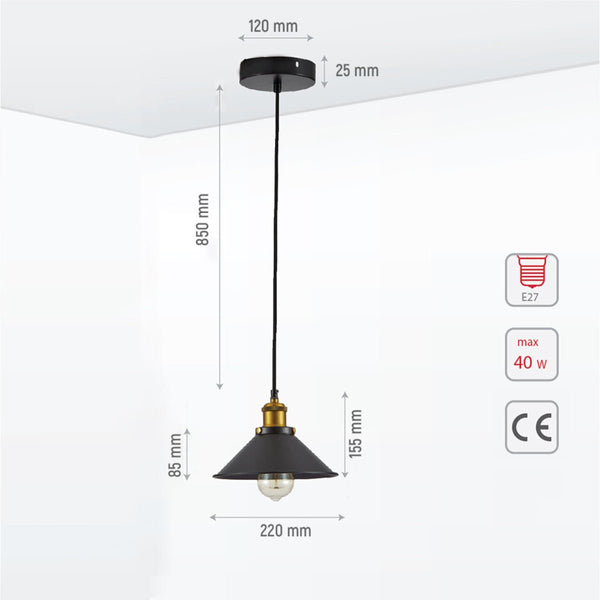 Black Metal Funnel Metal Ceiling Pendant Light E27 Fitting