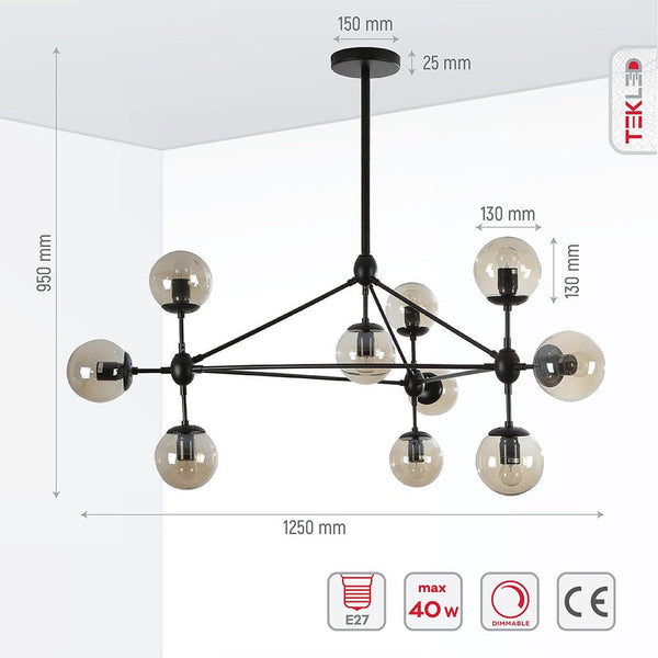 TEKLED Molecule Shape Black Rod Metal Amber Glass Globe Chandelier Ceiling Light - 10 Globe or 15 Globe.