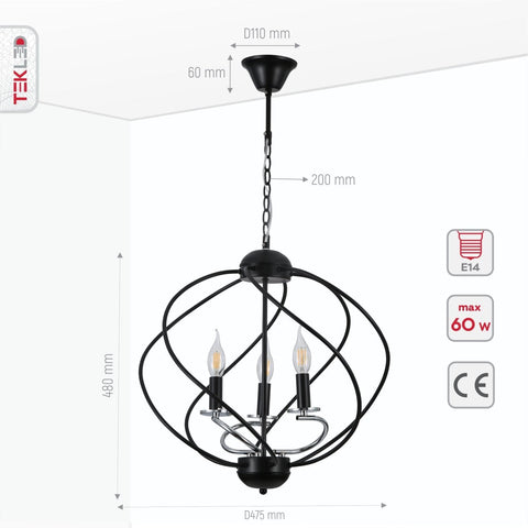 Black Spiral Metal Chrome Arm Chandelier Ceiling Light E14