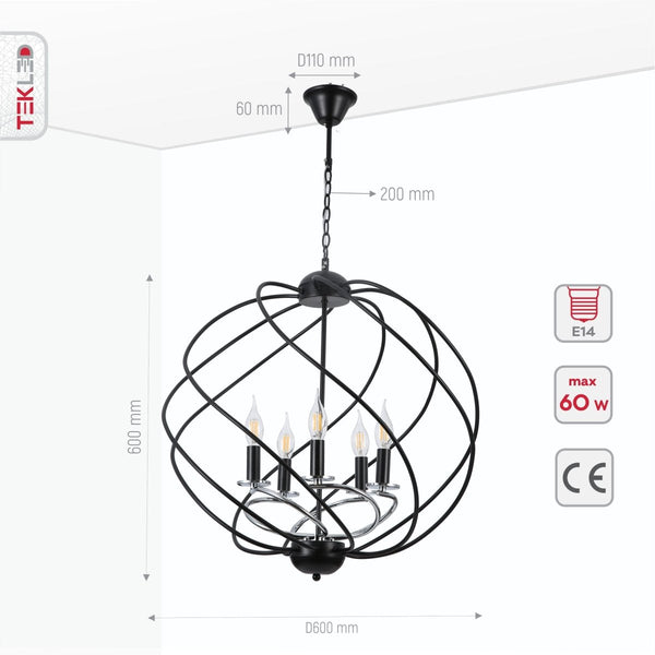 Black Spiral Metal Chrome Arm Chandelier Ceiling Light E14