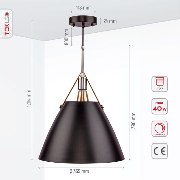 Cosme Nordic Black Metal Funnel Pendant Ceiling Light with Leather Handle