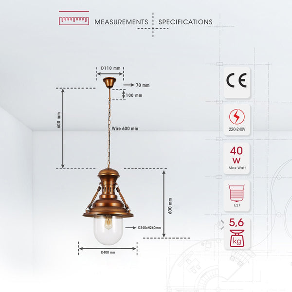Brown Metal Clear Glass Step Coastal Pendant Ceiling Light E27