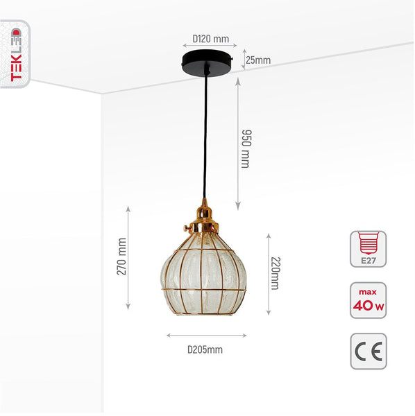 Caged Copper Metal Clear Glass India Dome Schoolhouse Bell Pendant Ceiling Light E27