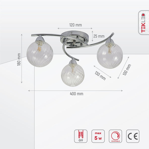 Chrome Metal Clear Glass Ceiling Light 3xG9