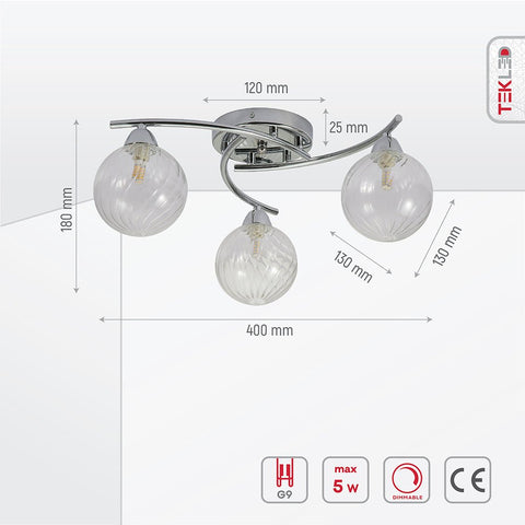 Chrome Metal Clear Glass Ceiling Light 3xG9