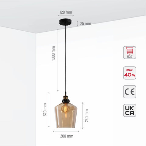 Amber Glass Schoolhouse Pendant Ceiling Light E27