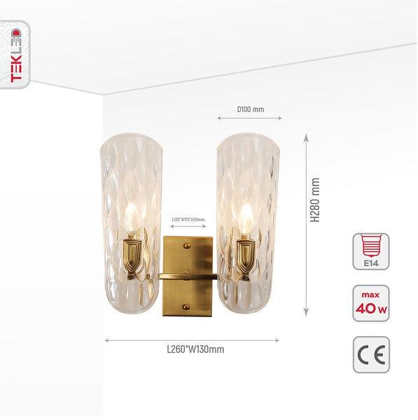 Brushed Brass Metal Clear Textured Glass Wall Light E14 Fitting