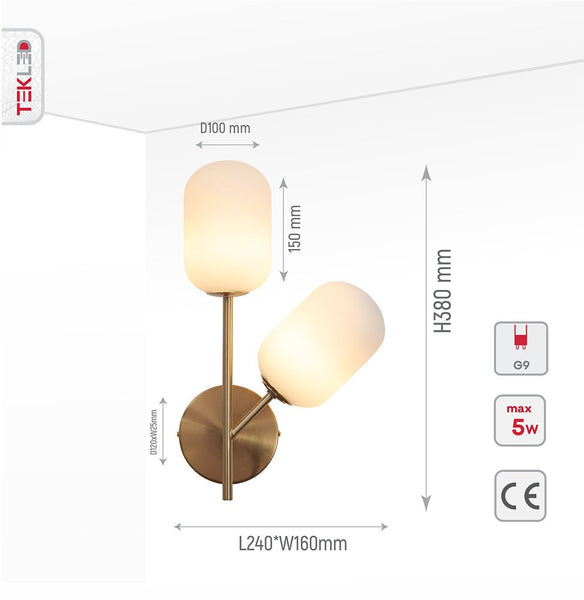 Gold Aluminium Bronze Metal Opal Glass Cylinder Wall Light G9