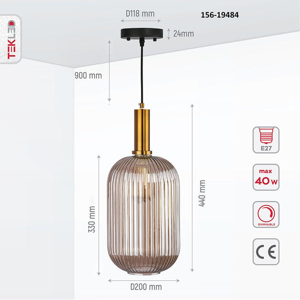Sawyer Ribbed Fluted Reeded Maloto Lantern Amber Glass Pendant Ceiling Light E27 Gold Bronze Top