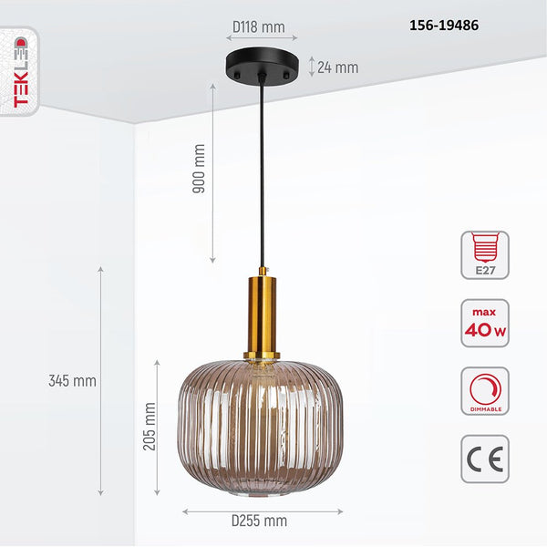 Sawyer Ribbed Fluted Reeded Maloto Lantern Amber Glass Pendant Ceiling Light E27 Gold Bronze Top