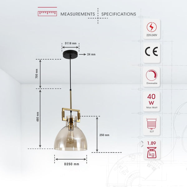 Amber Globe Funnel Dome Glass Gold Metal Body Ceiling Pendant Light