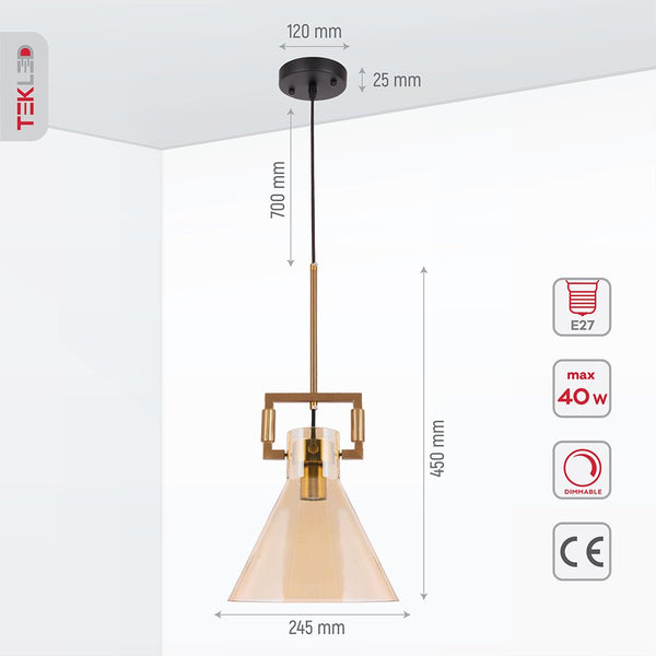 Amber Globe Funnel Dome Glass Gold Metal Body Ceiling Pendant Light