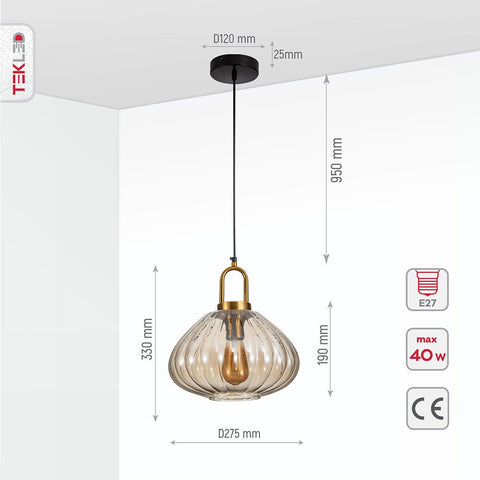 Golden Bronze Metal Amber Glass Globe Pendant Ceiling Light E27