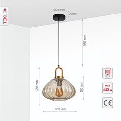 Golden Bronze Metal Amber Glass Globe Pendant Ceiling Light E27