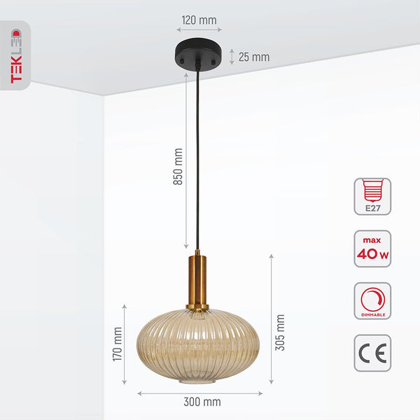 Sawyer Ribbed Fluted Reeded Maloto Lantern Amber Glass Pendant Ceiling Light E27 Gold Bronze Top