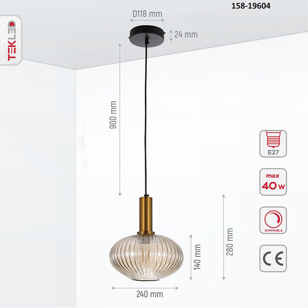 Sawyer Ribbed Fluted Reeded Maloto Lantern Amber Glass Pendant Ceiling Light E27 Gold Bronze Top