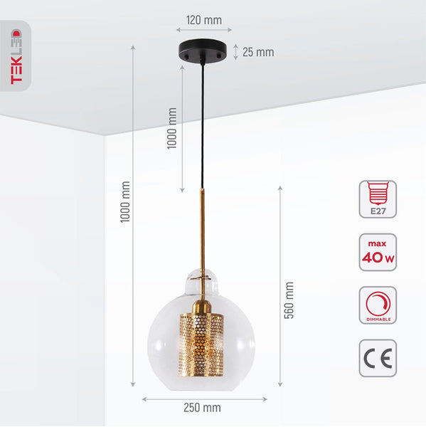 Golden Metal Clear Glass Globe Pendant Ceiling Light E27