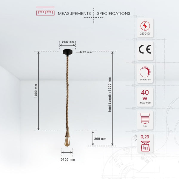 Farmhouse Rustic Hemp Rope Pendant Ceiling Light E27 Fitting
