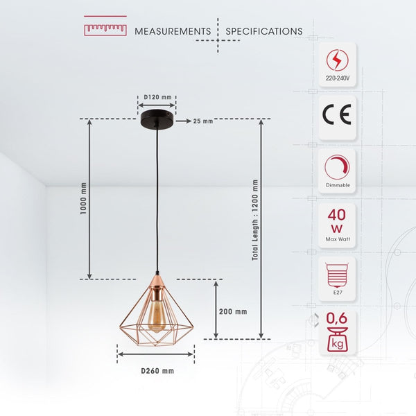 Rose Gold Metal Cage Pendant Ceiling Light E27