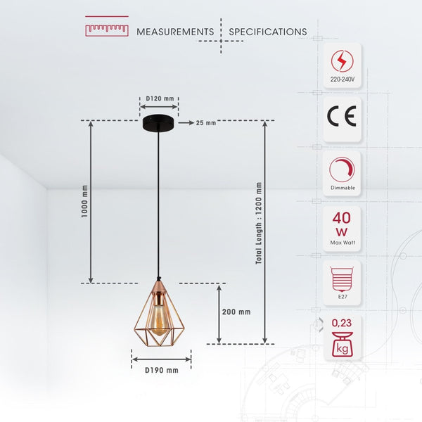 Rose Gold Metal Cage Pendant Ceiling Light E27