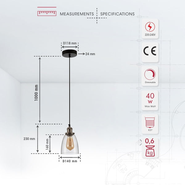 Hoxton Silver Metal Clear Glass Cone Dome Pendant Ceiling Light