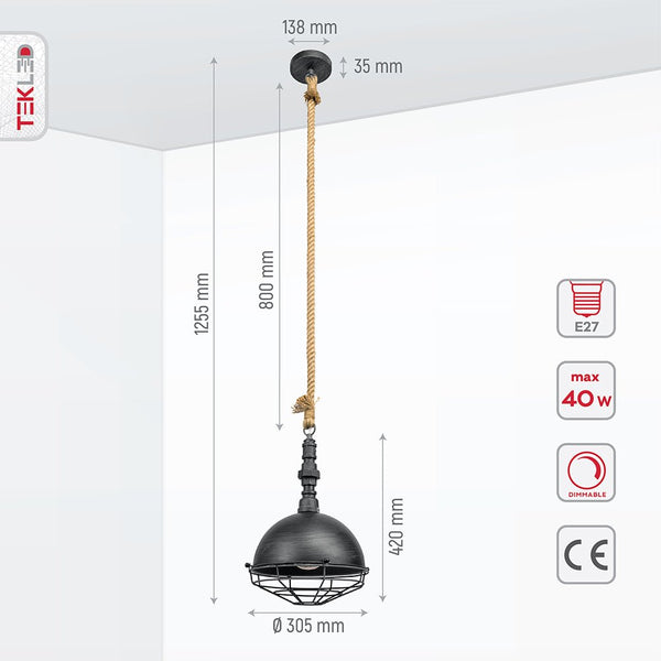 Hemp Rope Silvery Grey Metal Industrial Vintage Pendant Ceiling Light