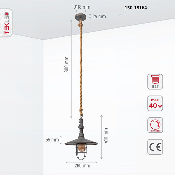 Hemp Rope Silvery Grey Metal Industrial Vintage Pendant Ceiling Light