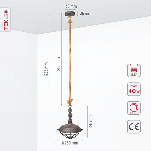 Hemp Rope Silvery Grey Metal Industrial Vintage Pendant Ceiling Light
