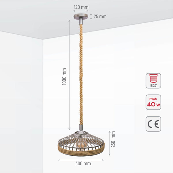 Silvery Grey Metal Hemp Rope Cage Pendant Ceiling Light E27