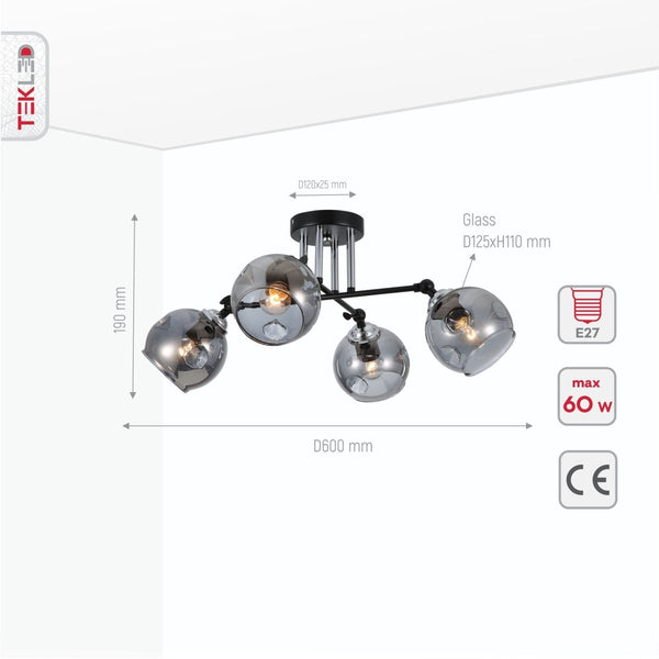 Smoky Glass Black and Chrome Semi Flush Ceiling Light E27