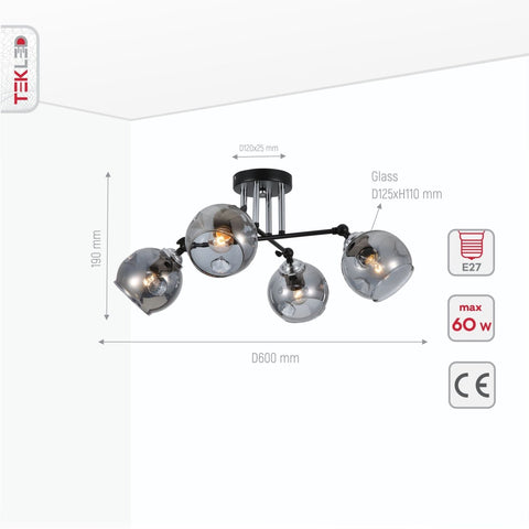 Smoky Glass Black and Chrome Semi Flush Ceiling Light E27