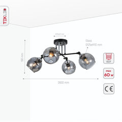 Smoky Glass Black and Chrome Semi Flush Ceiling Light E27