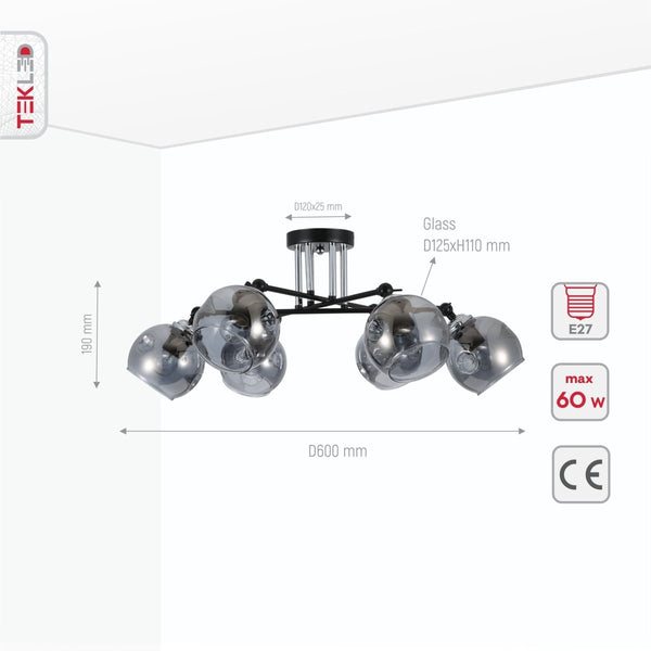 Smoky Glass Black and Chrome Semi Flush Ceiling Light E27