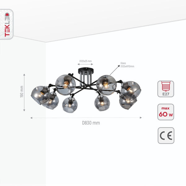 Smoky Glass Black and Chrome Semi Flush Ceiling Light E27