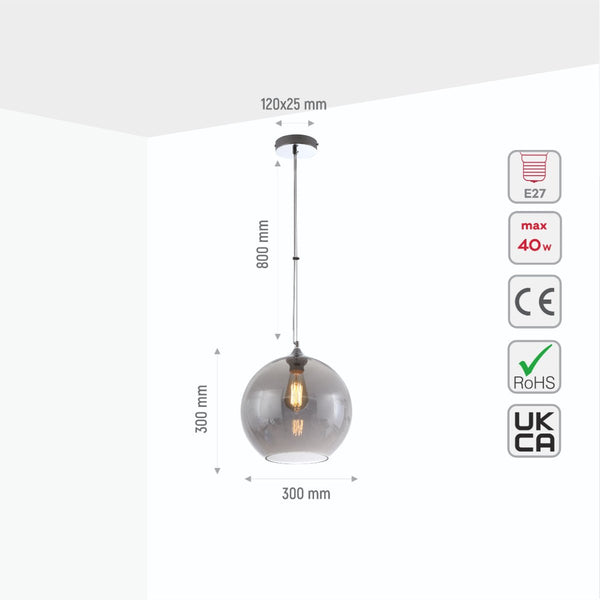Smoky Glass India Dome Globe Pendant Ceiling Light E27