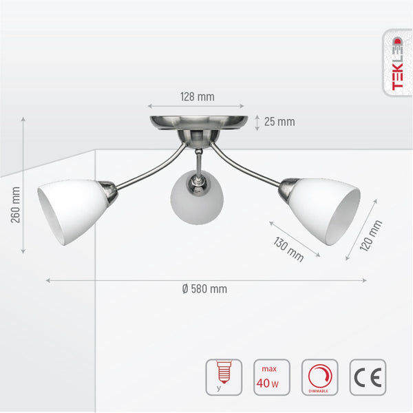 White Glass Chrome Semi-Flush Ceiling Light 3xE27