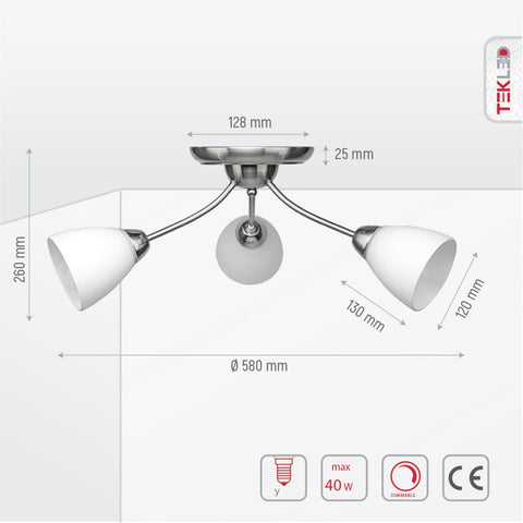 White Glass Chrome Semi-Flush Ceiling Light 3xE27
