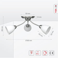 White Glass Chrome Semi-Flush Ceiling Light 3xE27