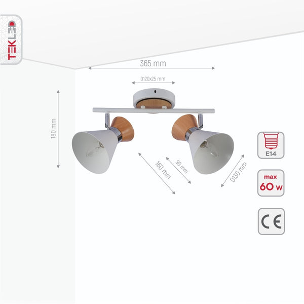 White Metal Wood Funnel Shade White Body Semi Flush Ceiling and Wall Light E14