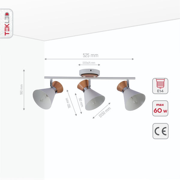 White Metal Wood Funnel Shade White Body Semi Flush Ceiling and Wall Light E14