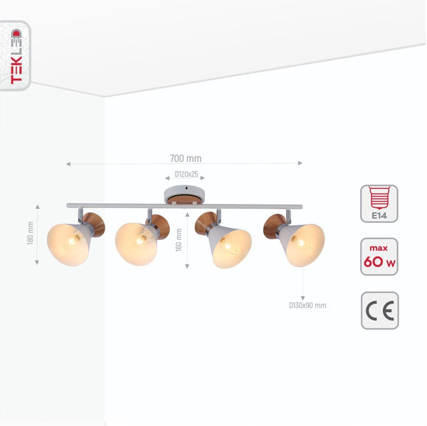White Metal Wood Funnel Shade White Body Semi Flush Ceiling and Wall Light E14