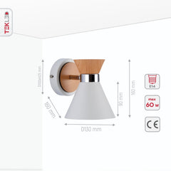 White Metal Wood Funnel Shade White Body Semi Flush Ceiling and Wall Light E14