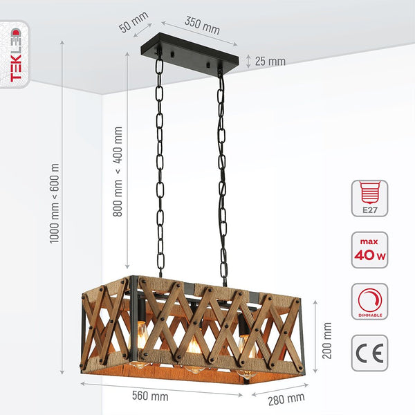 Oak Wood Farmhouse Cuboid Island Chandelier Ceiling Light