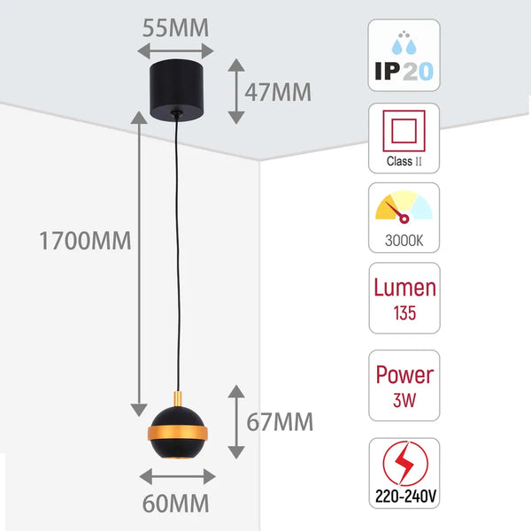 Helios LED Pendant Downlight with Gold Accent 3W Warm White