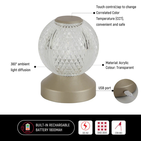 Illumina Sphere Touch: Rechargeable Spherical LED Table Lamp | Bedside Lamp