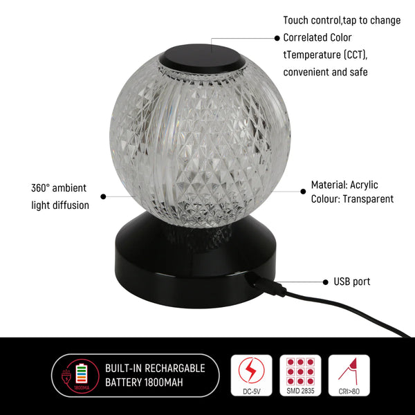 Illumina Sphere Touch: Rechargeable Spherical LED Table Lamp | Bedside Lamp