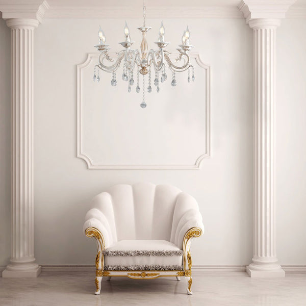 Traditional French Vintage Retro Candle Metal and Crystal Gold Aged Cream Arm Chandelier Ceiling Light E14