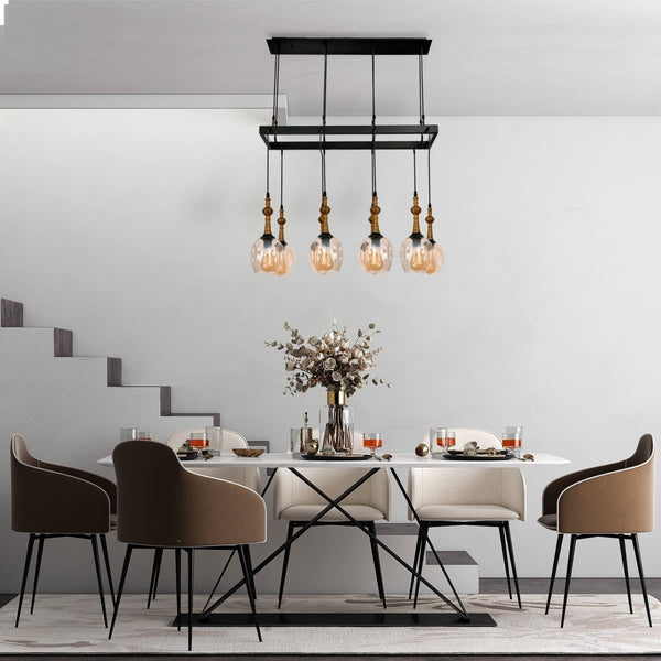 Amber Cone Glass Black Metal Island Ceiling Chandelier Light 8xE27